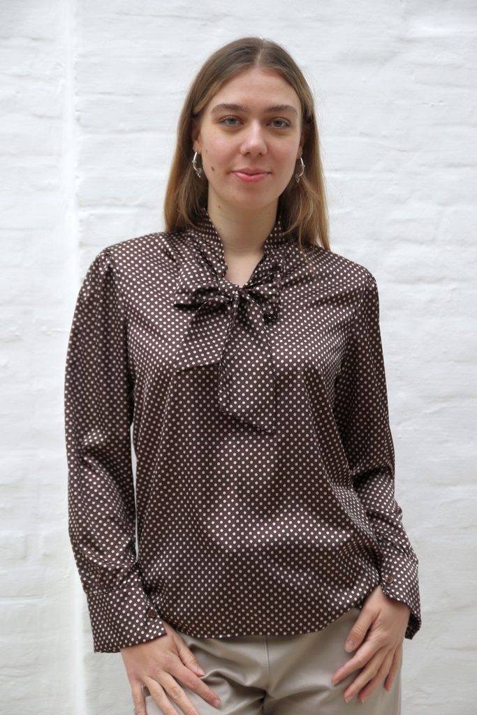 Blouse Qiana V-kraag polka dots bindstrik aan hals geknoopt springplooi - Bruin-beige Detail