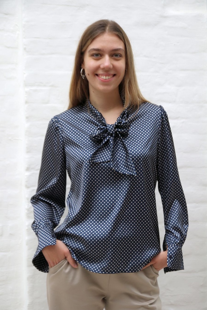 Blouse Qiana V-kraag polka dots bindstrik aan hals geknoopt springplooi - Donkerblauw-beige Detail