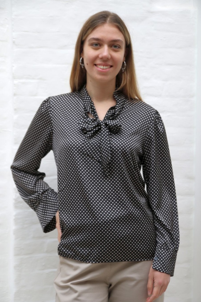 Blouse Qiana V-kraag polka dots bindstrik aan hals geknoopt springplooi - Zwart-beige Detail