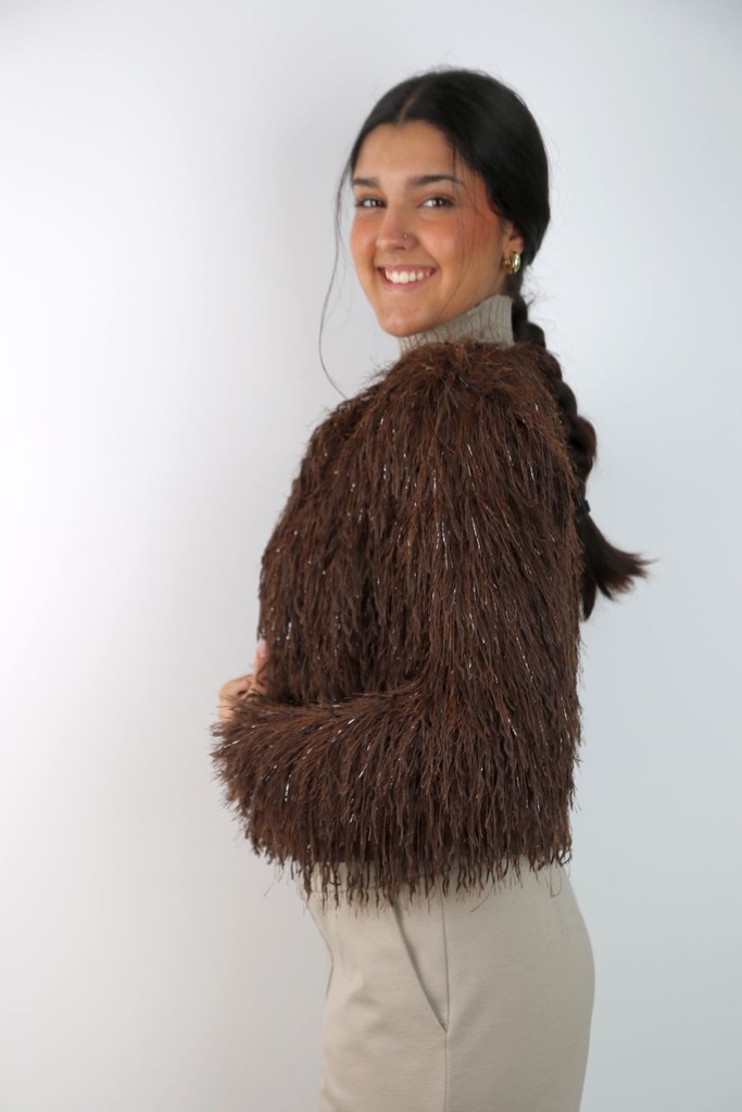 [201016] Vest Lyke nm38 glamy langharige pluches kraagloos - Bruin Detail