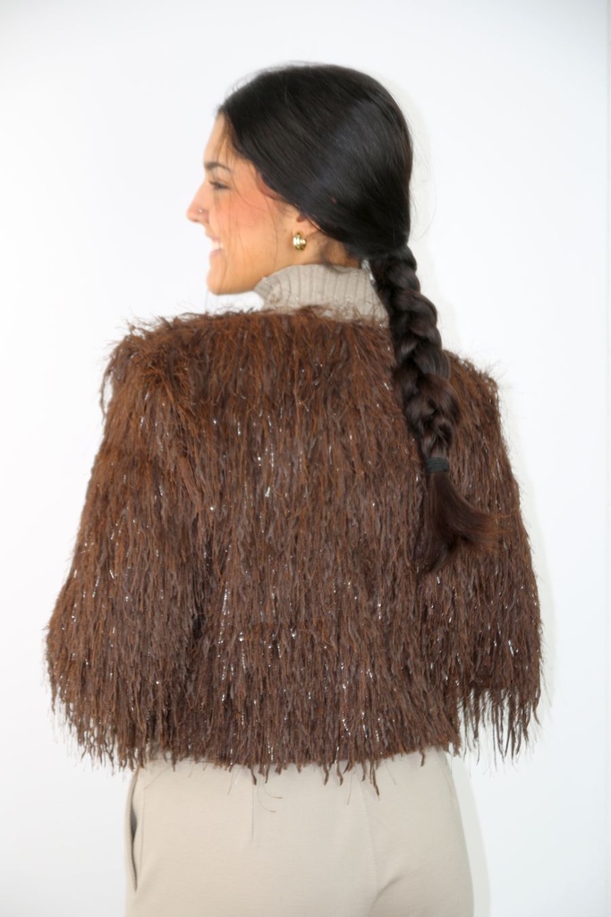 [201016] Vest Lyke nm38 glamy langharige pluches kraagloos - Bruin Detail