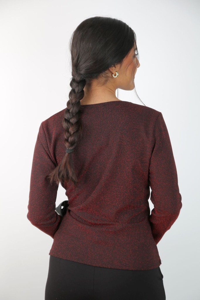 [201019] Cocktailblouse Leyna nm40 lurex gekruiste V-hals satijn binder broche linker taille - Bordeaux Detail