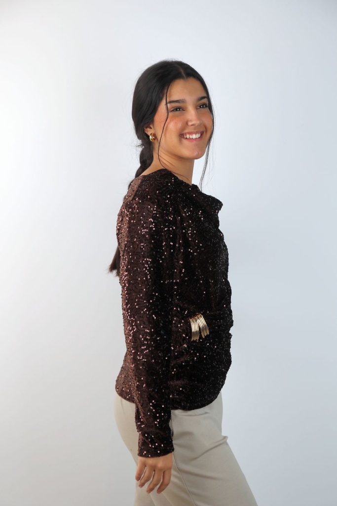 [201024] T-shirt Levijn nm40 pailletten drapagekraag drapage rechtertaille - Bruin Detail