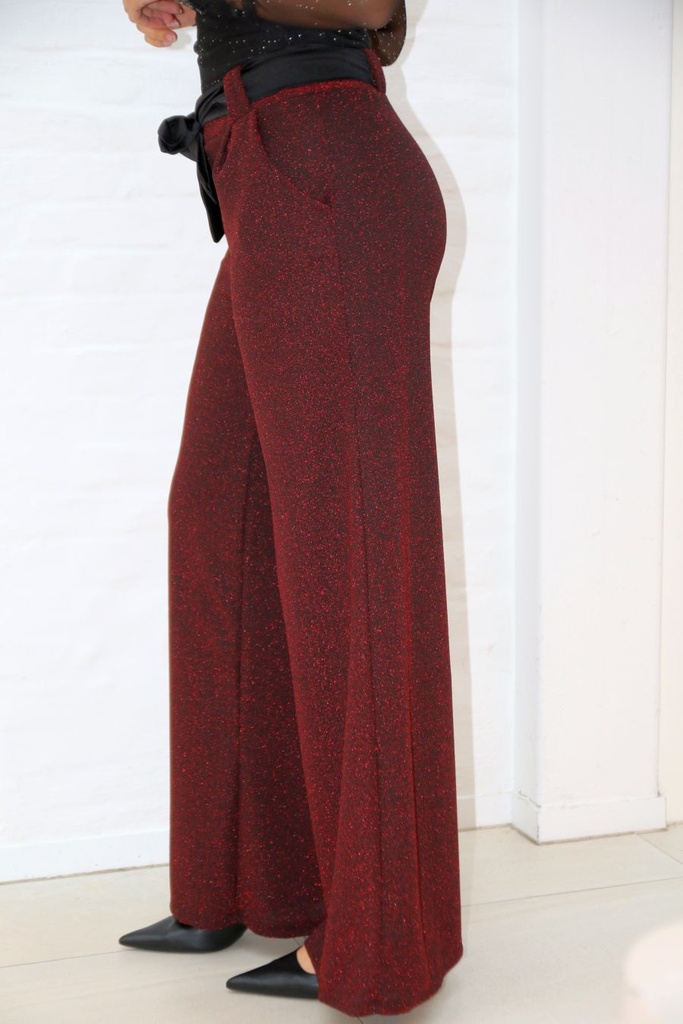 Glamy lurex flarebroek Lubbert nm52 satijnen taillebinder - Bordeaux Detail