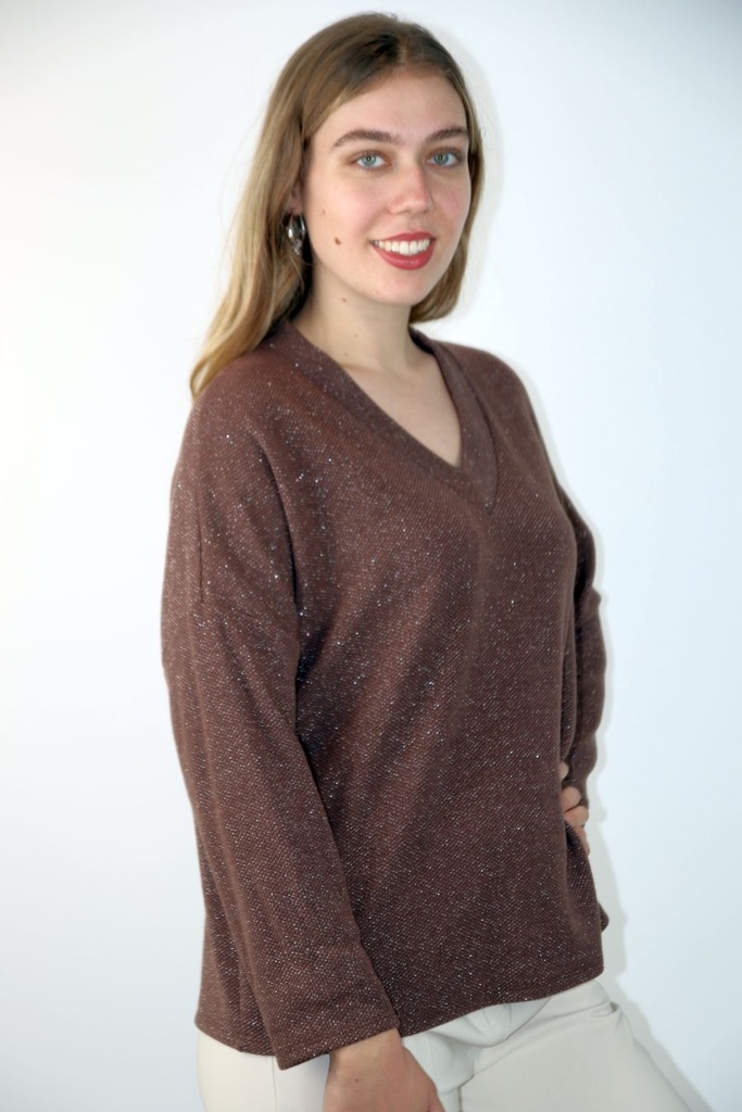 [201080] Tricot Pull Lurex fijn geript overlappende V-hals strikdetail knoop voorkant - Chocolade Detail