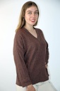 [201080] Tricot Pull Lurex fijn geript overlappende V-hals strikdetail knoop voorkant - Chocolade Detail