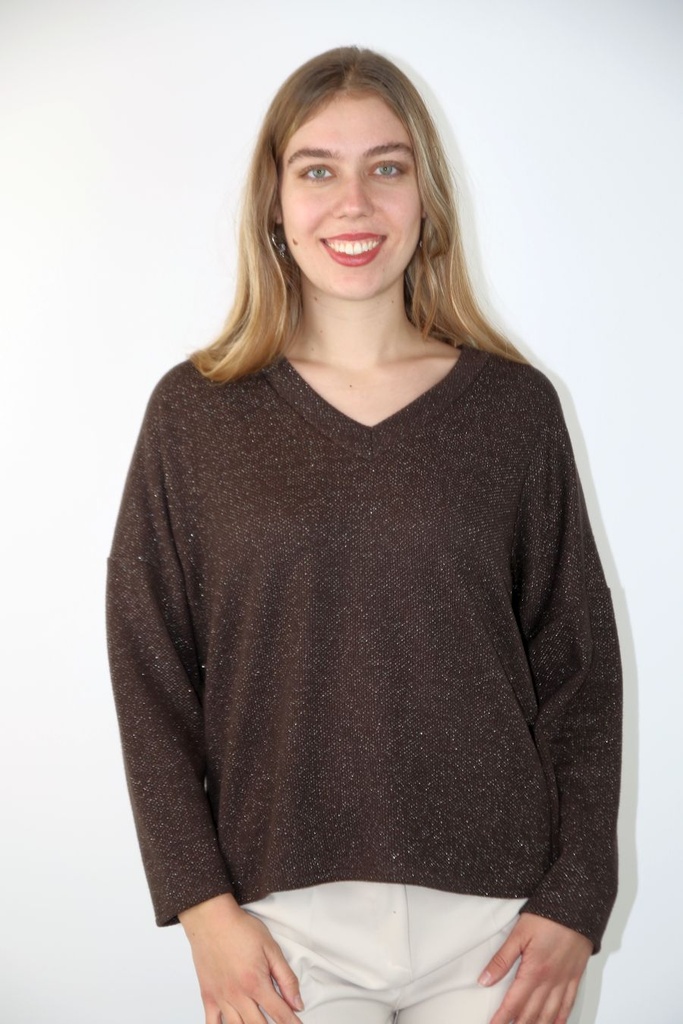 Pull Qwen boord-V-hals Lurex coding  - Donkerbruin Detail