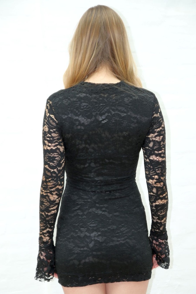 [201099] Jurk Nyne kant trompetmouw opstaande kraag  - Zwart Detail