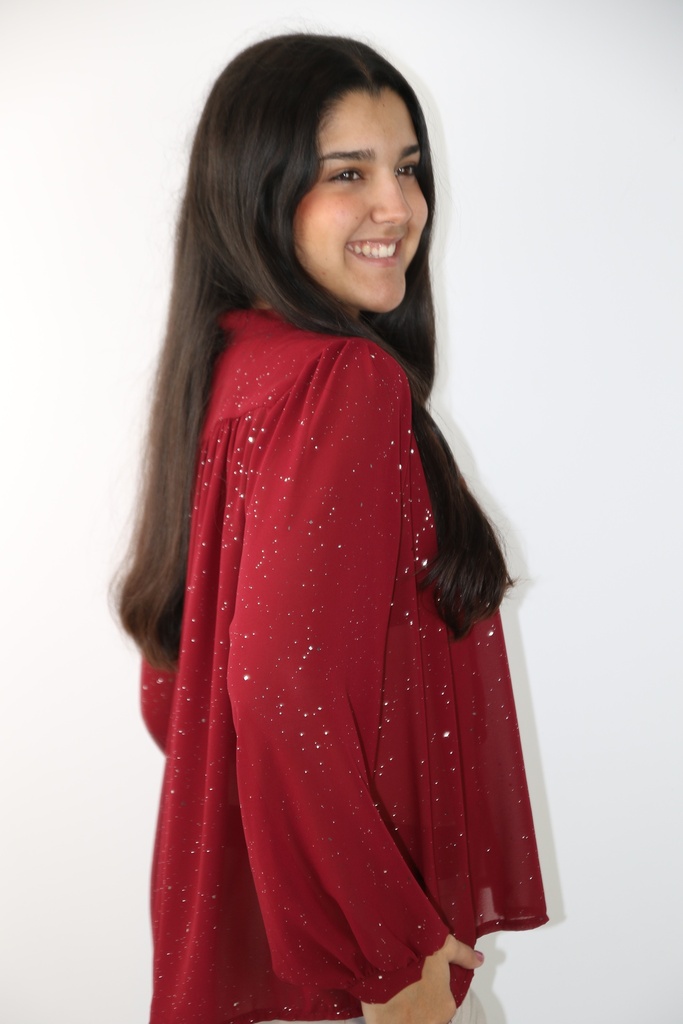 [201028] Cocktail blouse Leyna jabotkraag glamy tule wijde mouw gepofte manchet - Bordeaux Detail