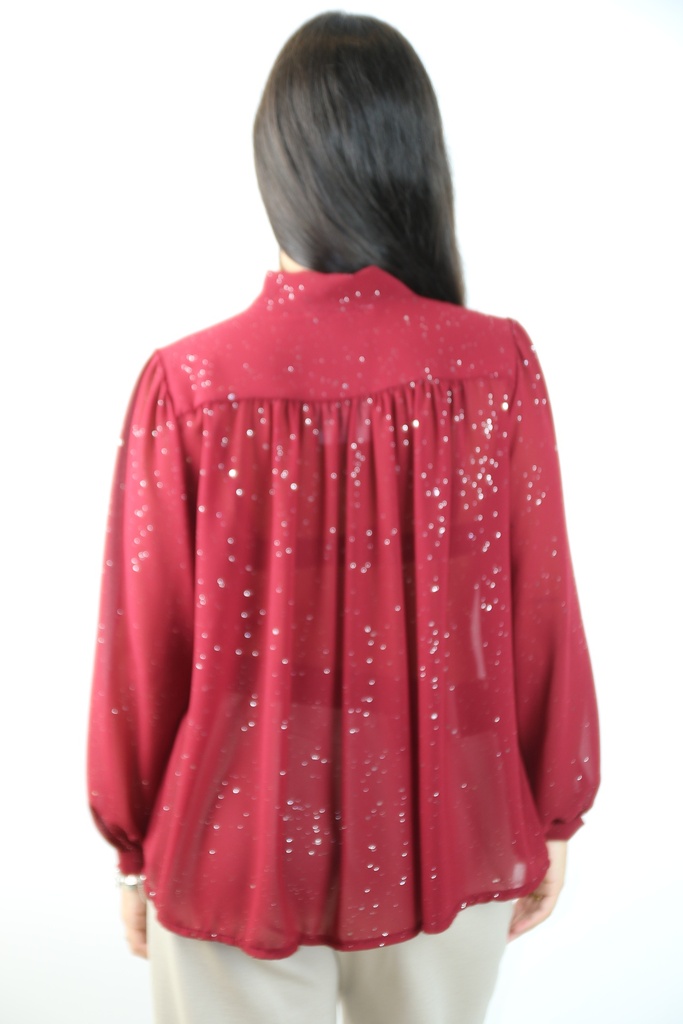 [201028] Cocktail blouse Leyna jabotkraag glamy tule wijde mouw gepofte manchet - Bordeaux Detail