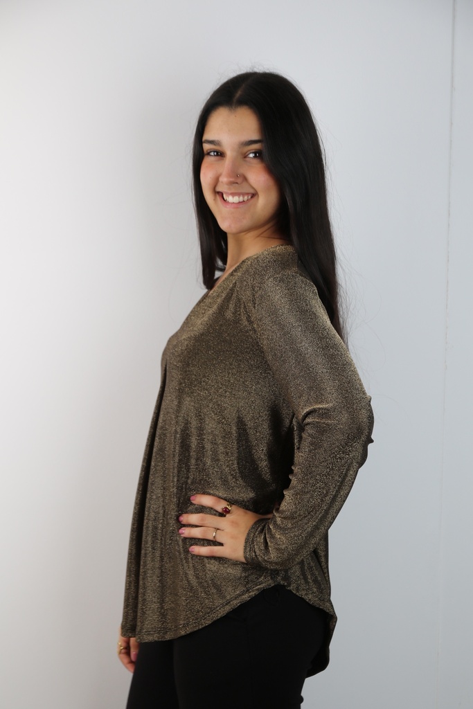 [201030] Glamy lurex blouse Lyke nm52 V-hals met springplooi - Goud Detail