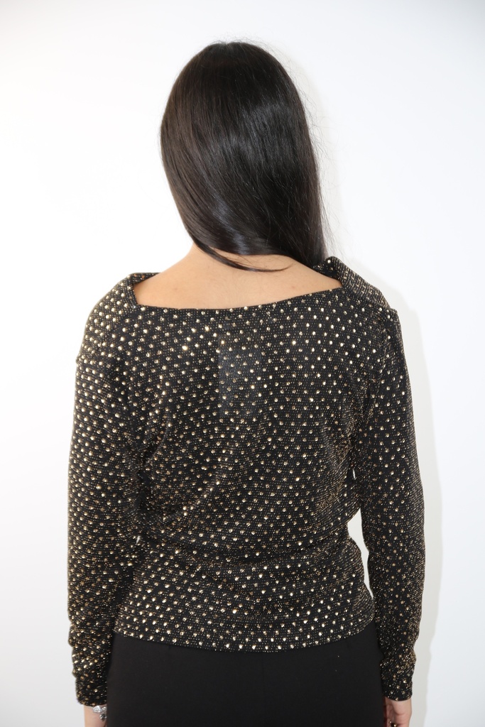 [201033] Glamy blouse Layanah nm10 pailletten drapagekraag geknoopt linkertaille - Zwart-goud Detail