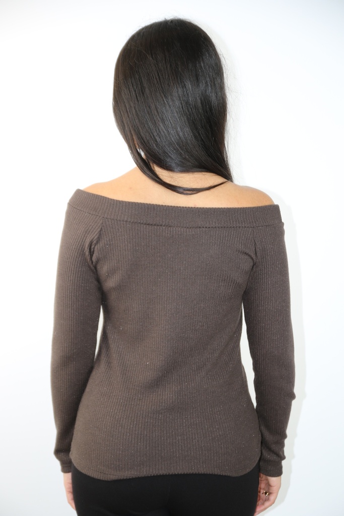 Tricot pull Naz nm40 boothals fijn geribd - Bruin Detail