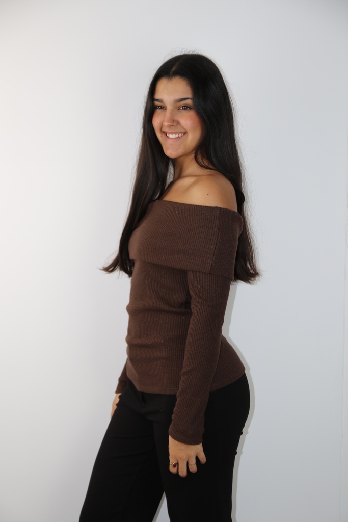 [200917] Pull Nio nm40 off shoulder glitter tricot - Chocolade Detail