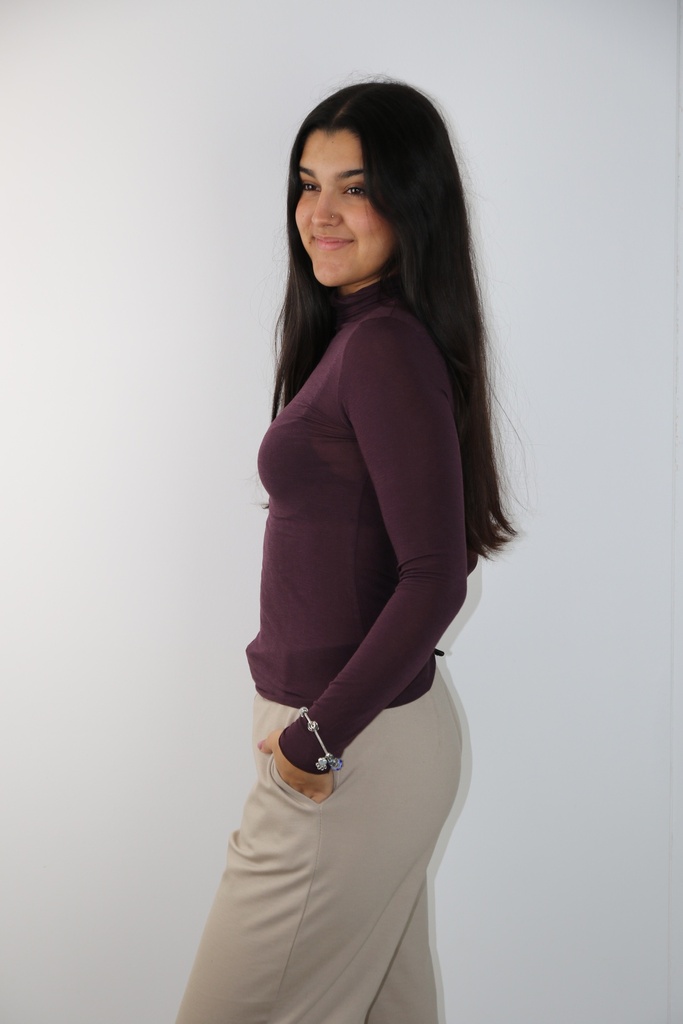 T-shirt Mace tolkraag met kasjmier nm85 - Aubergine Detail