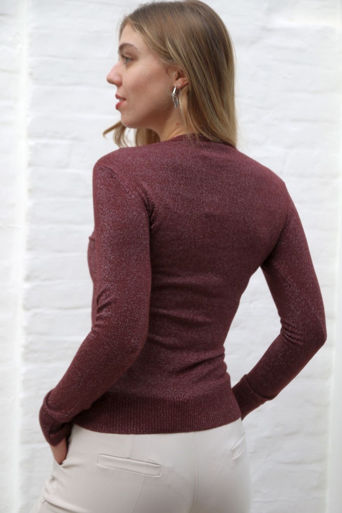 [201119] Pull Neveah nm45 lurex ronde hals fijn geribd  - Bordeaux Detail