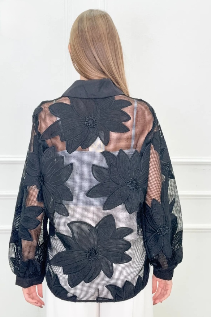 *Transparante blouse Rens grote geborduurde bloemen - Zwart Detail