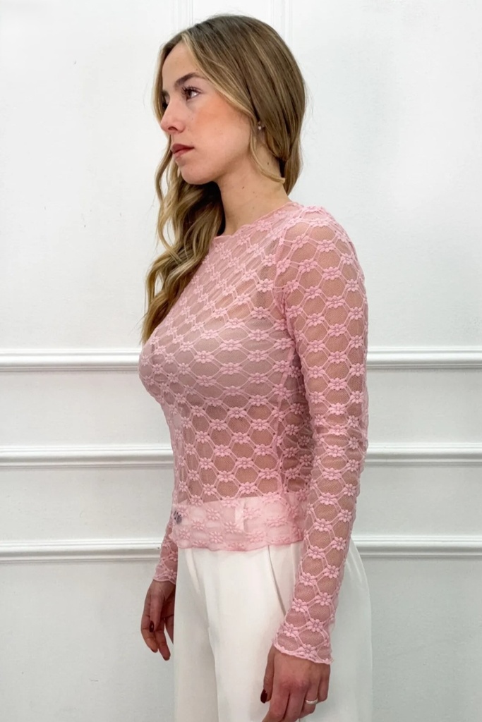 Transparant kanten shirt Ravi lange mouw - Roze Detail