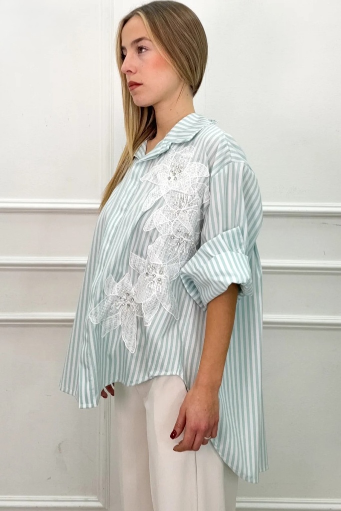 Gestreepte blouse Rik geborduurde bloem en parels nm42 - Muntgroen-wit Detail