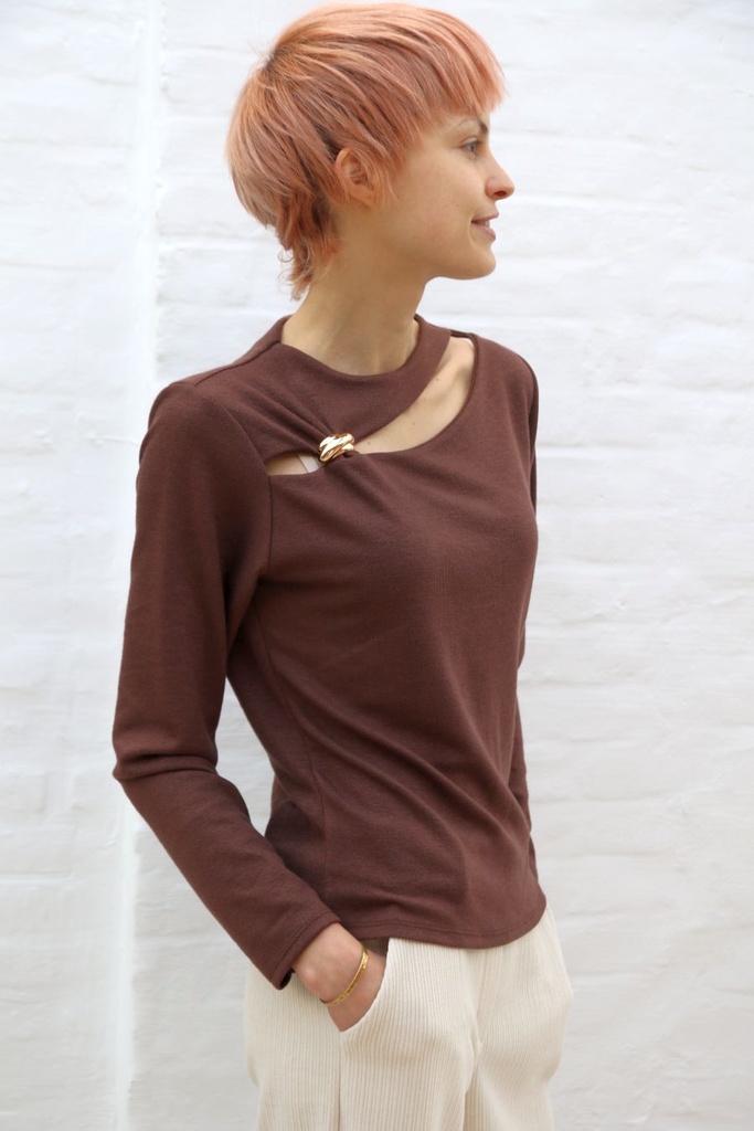 Blouse Quintus lange mouwen keyhole-detail met gesp  - Bruin Detail