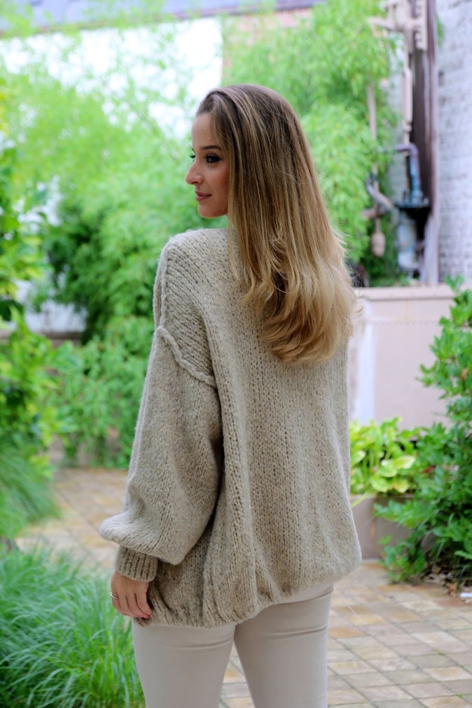 [10017264] Tricot vest Louay nm18 grove steek oplegnaad - Donkerbeige Detail