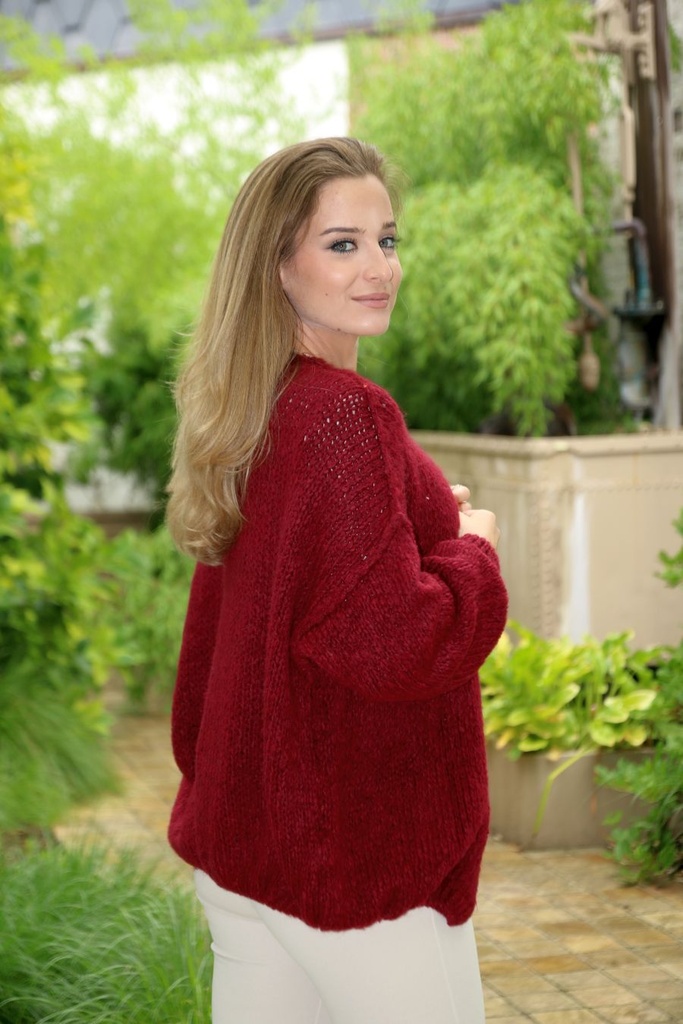Tricot cardigan Louay nm18 coarse stitch overlay seam - Bordeaux Detail
