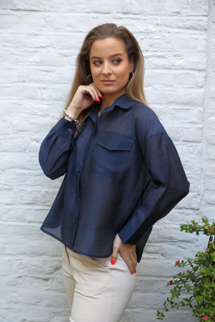 [201256] Blouse Richard nm85 2 borstzakjes kraag nacré doorgeknoopt - Donkerblauw Detail