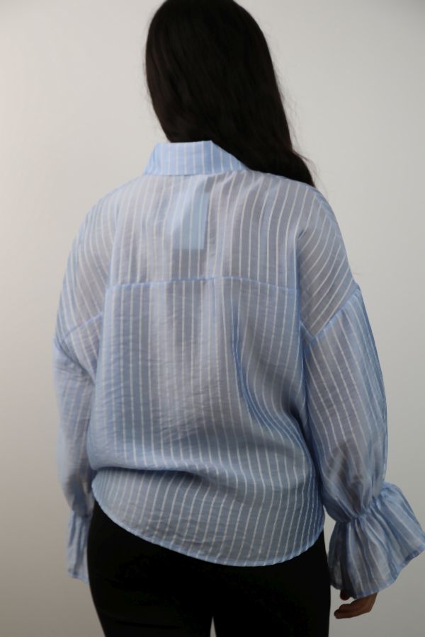 [201266] Transparante gestreepte blouse Renee met trompetmouw nm85 - Hemelsblauw Detail