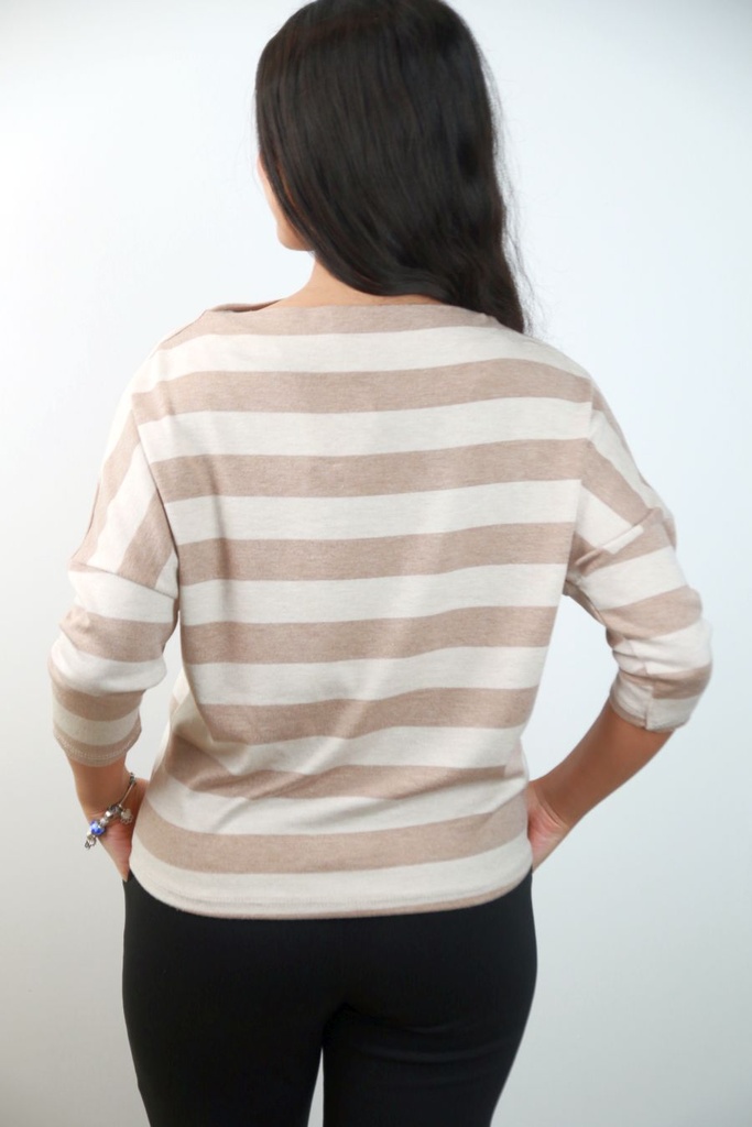 [201280] Trui Stijn nm45 horizontaal gestreept boothals driekwartmouw - Bruin-beige Detail
