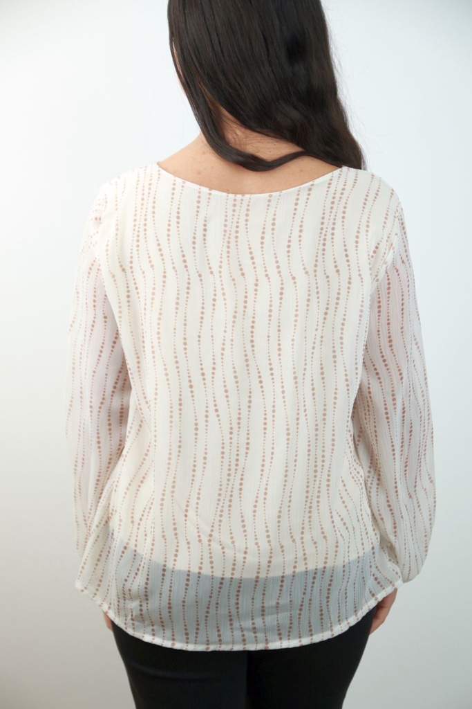 [201281] Blouse Sam nm43 verticale dotprint open hals 3 springplooien  - Bruin-beige Detail