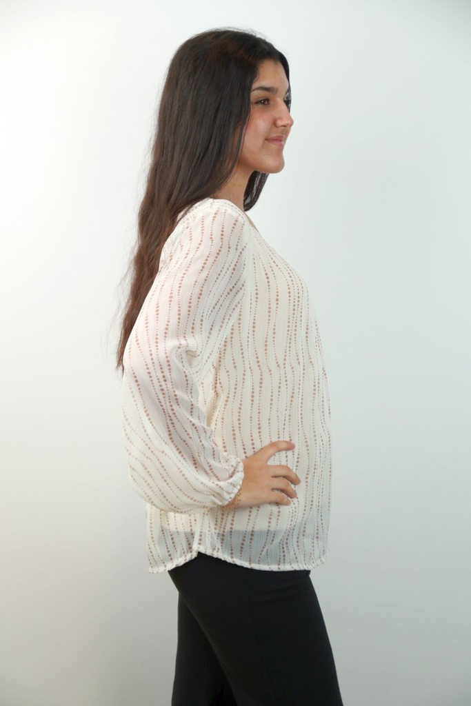 [201281] Blouse Sam nm43 verticale dotprint open hals 3 springplooien  - Bruin-beige Detail