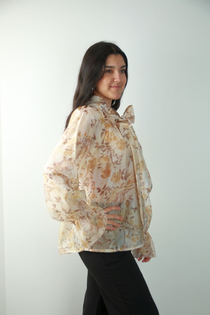 [201297] Bloemenblouse Roza met trompetmouw en strik nm85 - Beige-geel Detail