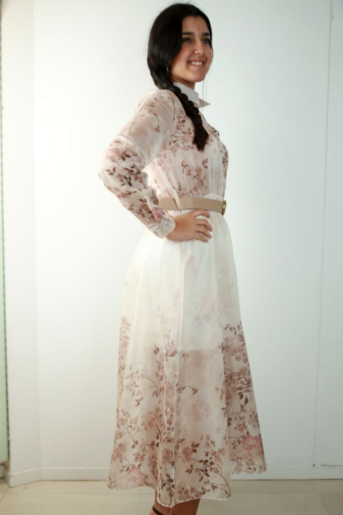 [201301] Hemdjurk Rob met bloemen en ecoleren riem nm90 - Wolwit-bruin-roze Detail