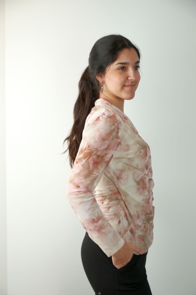 [201306] T-shirt Ronan in netstof met overslag v-hals en bloemenprint nm47 - Beige-roze Detail