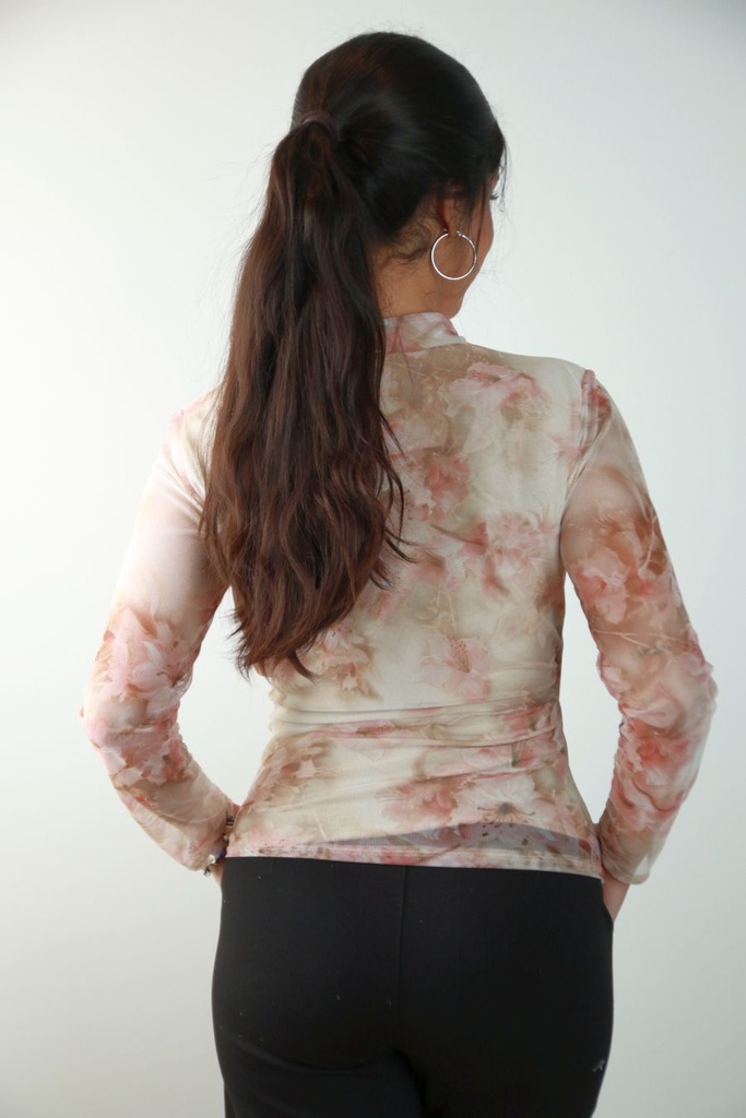 [201306] T-shirt Ronan in netstof met overslag v-hals en bloemenprint nm47 - Beige-roze Detail