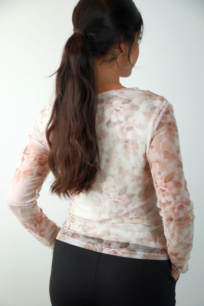 [201307] Gebloemd t-shirt Roelof uit netstof met volant v-hals nm47 - Beige-roze Detail