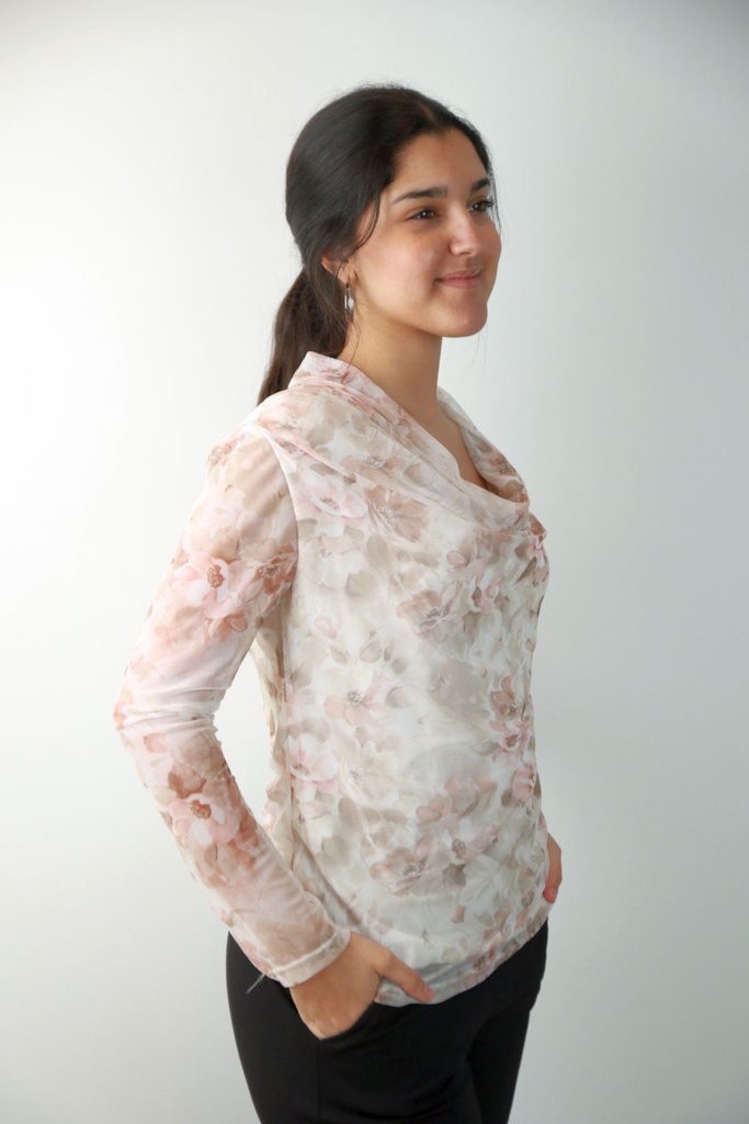 [201308] Gebloemd t-shirt Ray uit netstof met drapagekraag nm47 - Beige-roze Detail