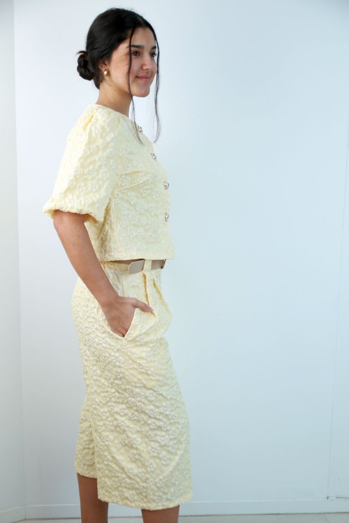 [201311] Culotte Ronin met bloemen en ecoleren riem - Lichtgeel Detail