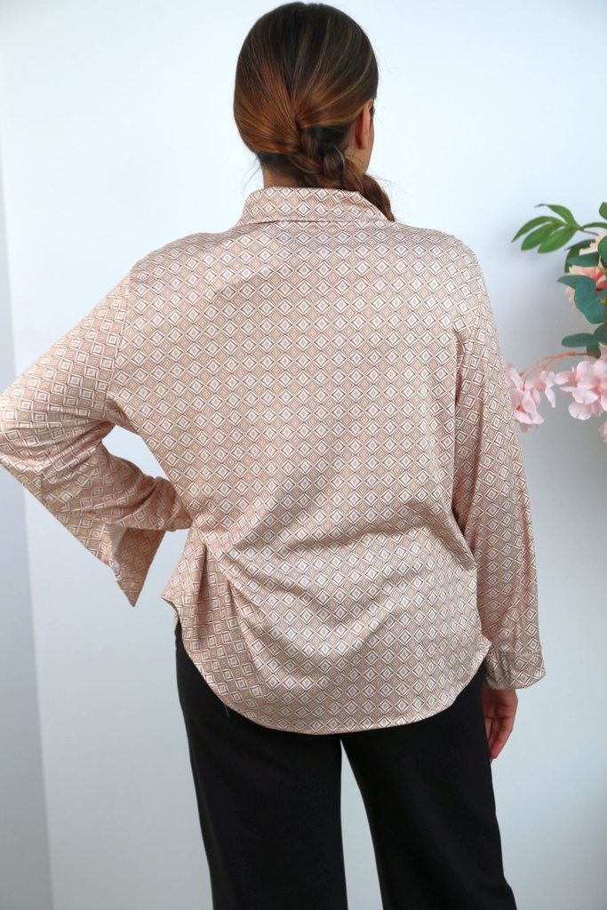[201330] Blouse Sofie nm20 ruit in ruit kraag nacré doorgeknoopt - Taupe-wit Detail