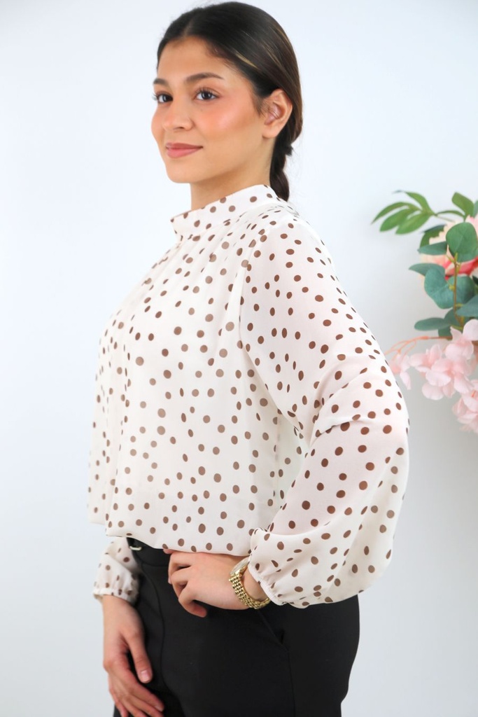 [201378] Cropped stippenblouse Raaf nm48 - Wolwit-bruin Detail