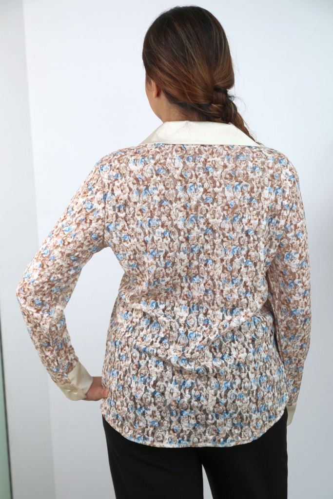 [201381] Blouse Rivano floqué op netstof  - Beige-lichtblauw Detail
