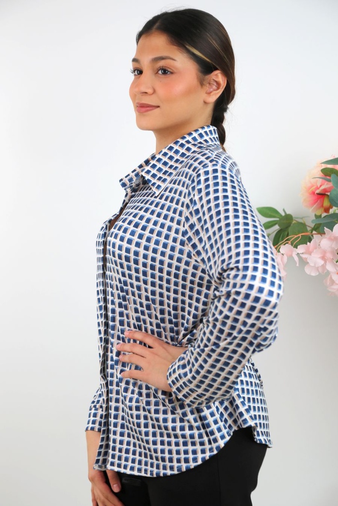 [201389] Jersey polo Rifka met blokkenpatroon nm20 - Donkerblauw-wolwit Detail