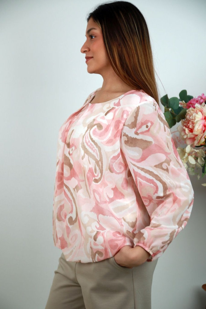 [201393] Blouse Raya nm47 organische print en open hals - Roze-beige Detail