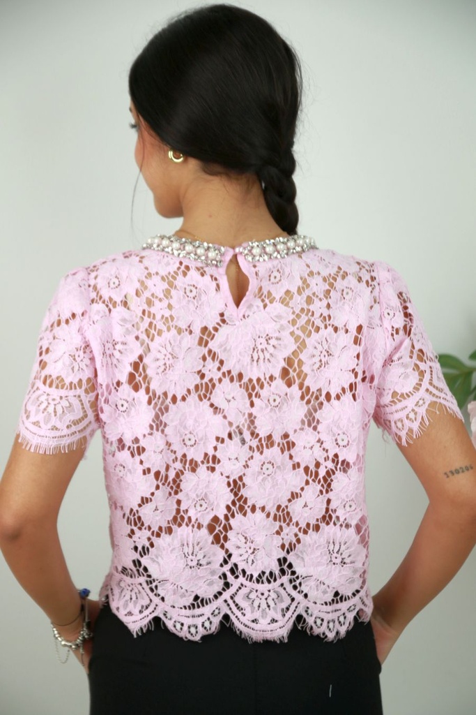 [201353] Ajour kanten shirt Roemer met parelkraag - Roze Detail