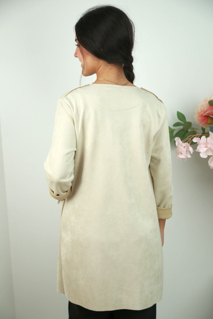 [201411] Lange cardigan Noora eco suède ronde hals - Beige Detail