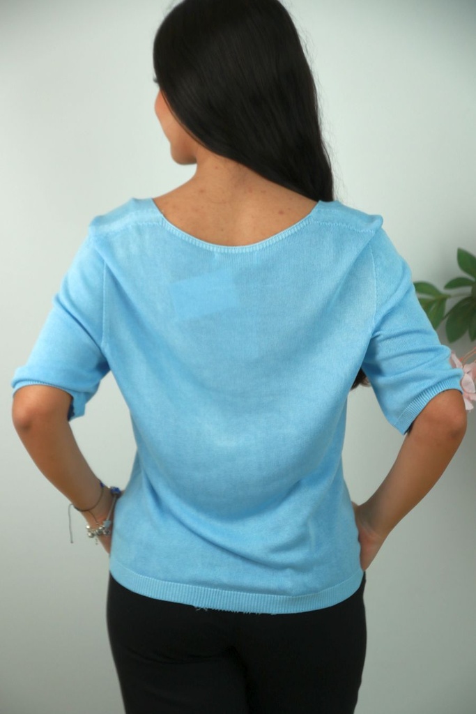[201422] Nadja nm100 pull fijne steek v-hals 3/4 mouwen - Lichtblauw Detail