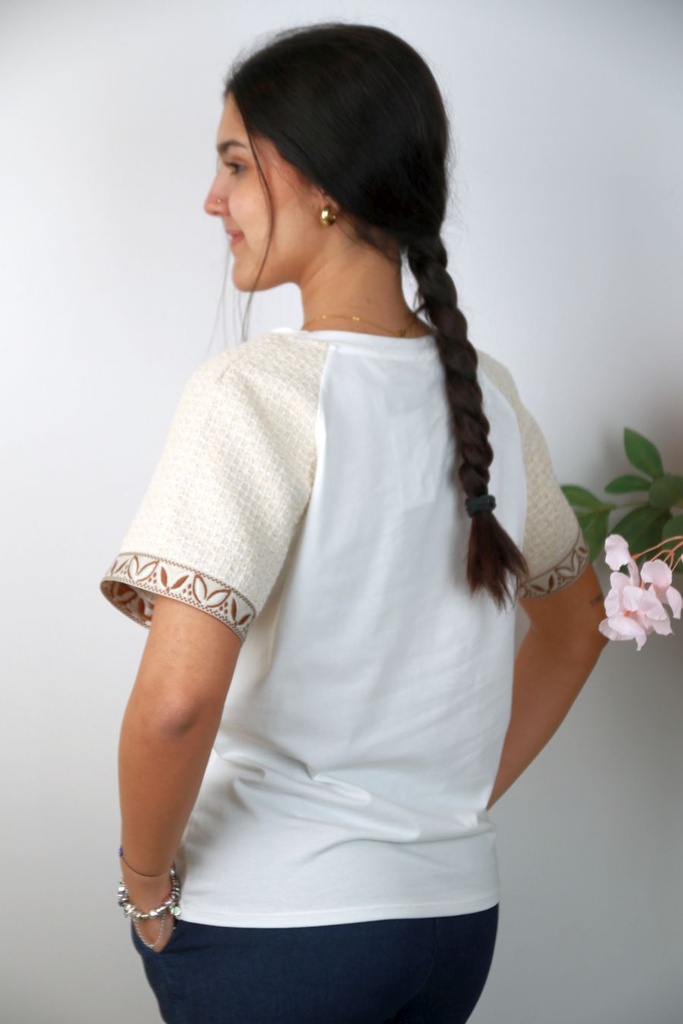 [201429] T-shirt Nash nm92 boucléstof mouwen ronde hals - Wit-beige Detail