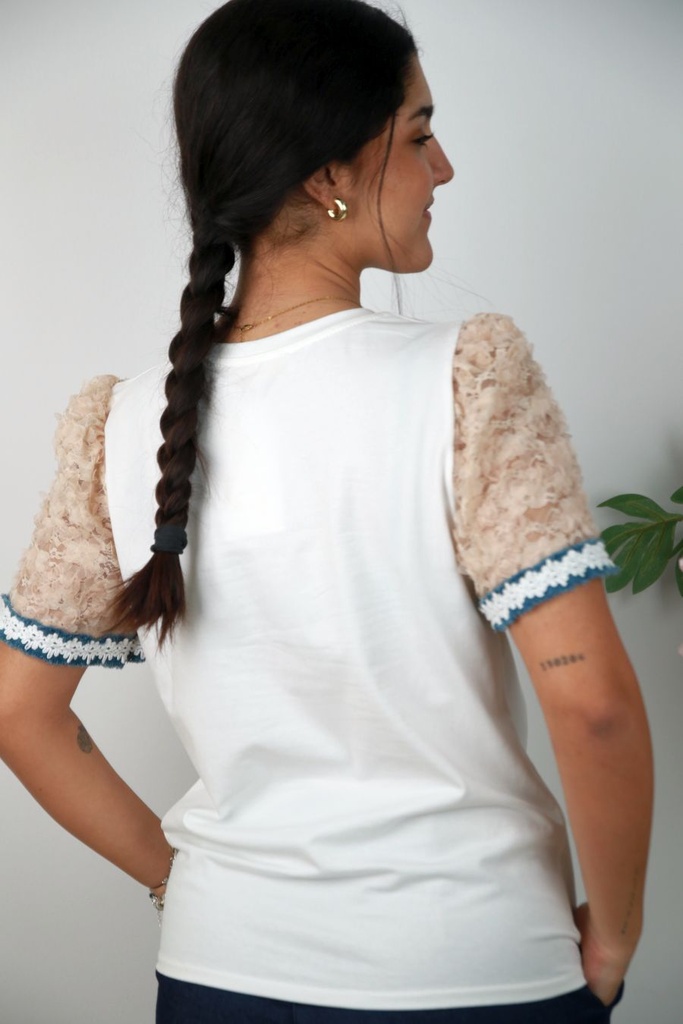 [201443] Najla nm92 T-shirt kant aan mouw met gehaakte boord - Wit-roze Detail