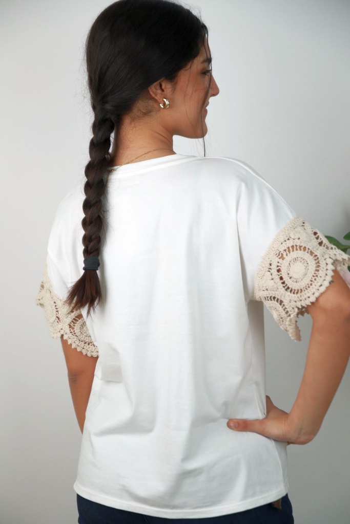 [201444] T-shirt Nel nm92 gehaakte mandala ajour gehaakte mouwen - Wit-beige Detail