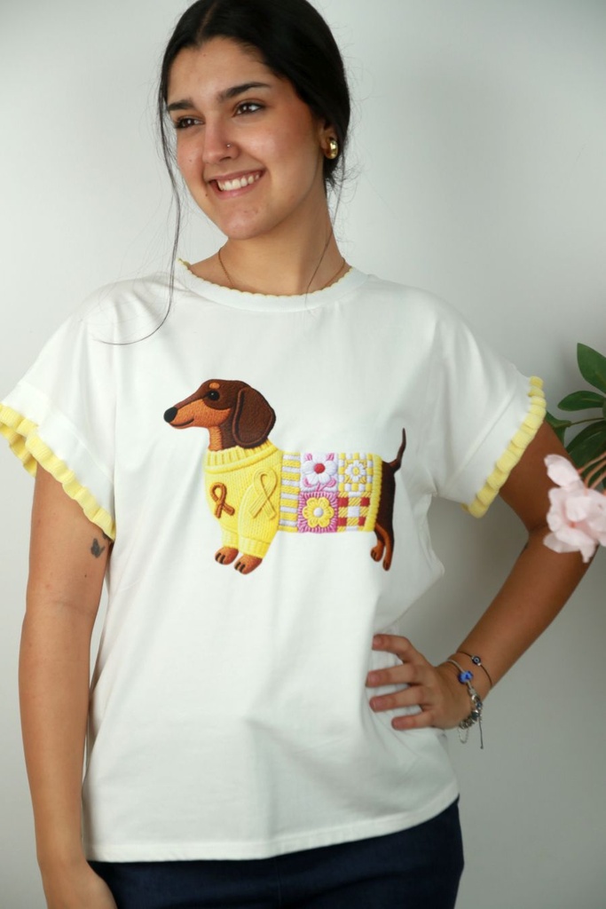 [201446] T-shirt Nassir nm92 Dachshund print franje mouwen - Wit-geel Detail